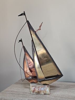 Handcrafted Brass and Copper Sailboat Sculpture - Signed By Artist Mario Jason